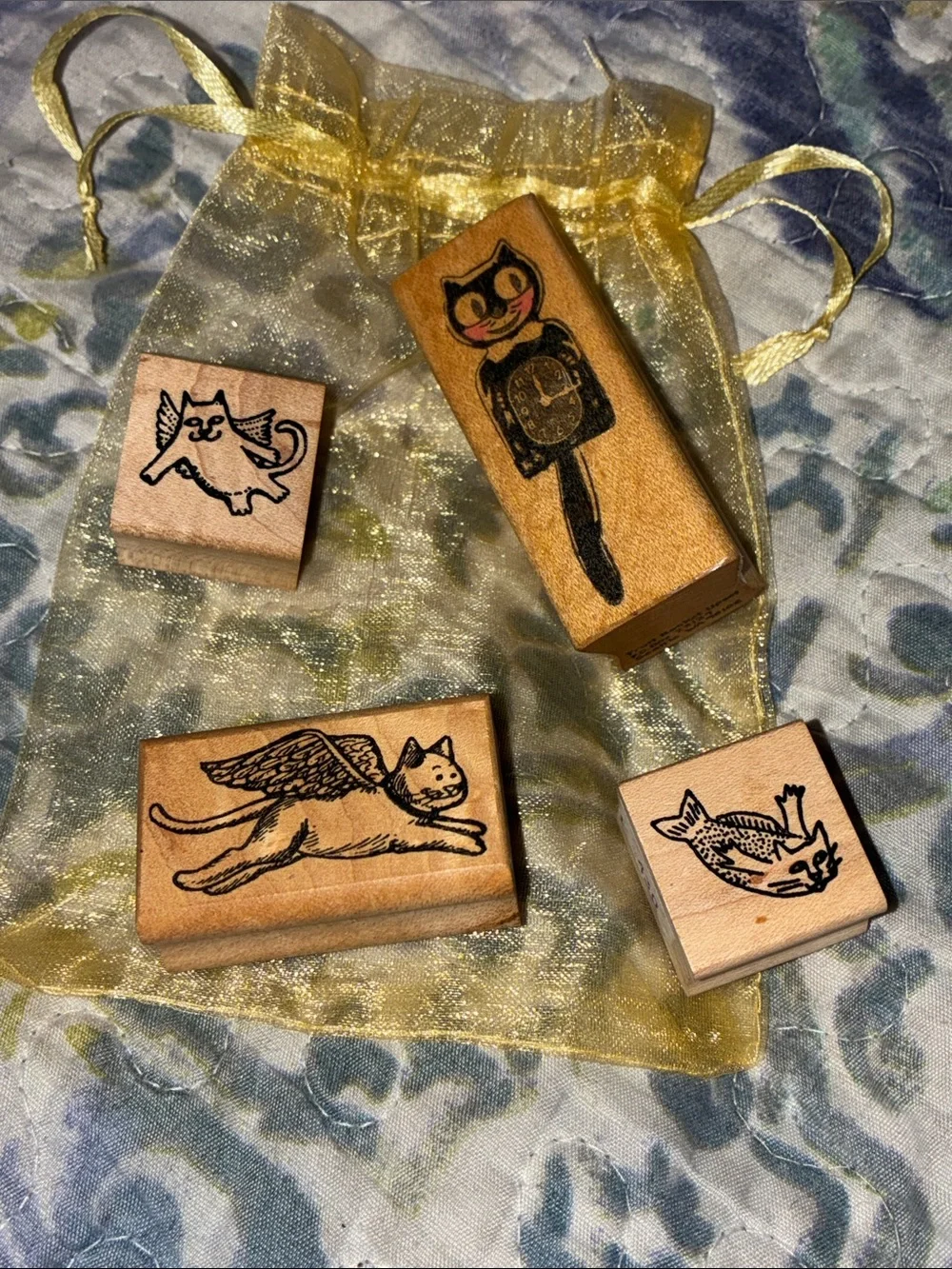 Wood Block Cat Stamps set of 4 - Claudia Rose, Stamp Happy, Fruit Basket Upset